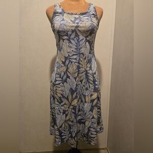 Columbia Omni-Freeze Blue and Gold Leaf Print Midi Dress